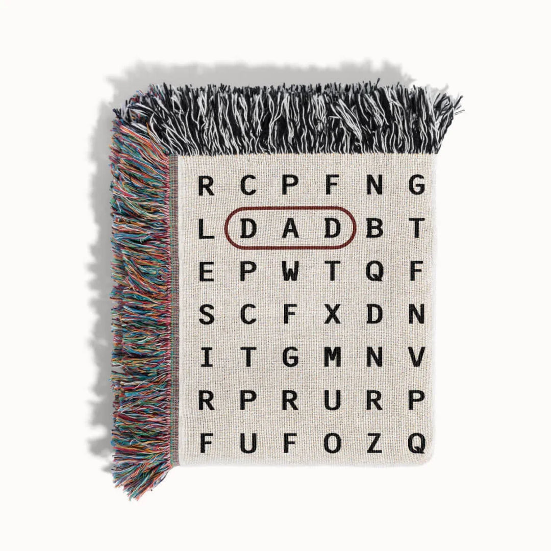 Dad Word Search Woven Throw Blanket, Personalized Gift for Dad, Designed With Meaning