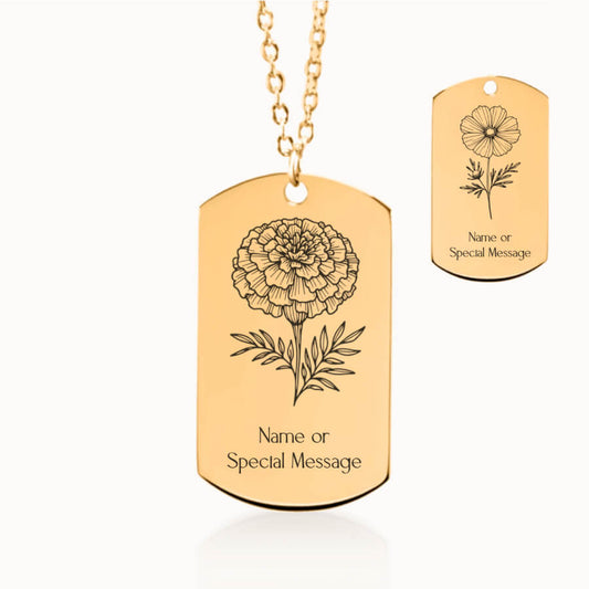 October Birth Month Flower Tag Pendant in Gold, Marigold and Cosmos Gift
