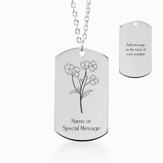 Personalized Forget-Me-Not Flower Tag Pendant Necklace in Silver, Remembrance Gift for Her