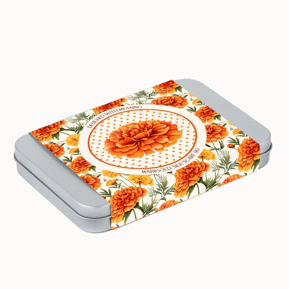 October Marigold Birth Flower Silk Scarf 90 Gift Tin, Designed With Meaning