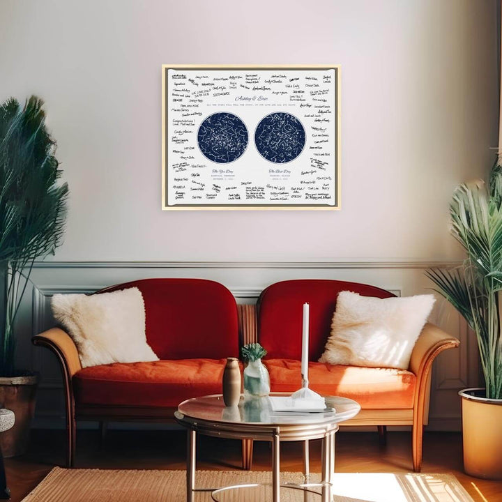 Personalized Wedding Guestbook Alternative, Star Map Personalized with 2 Night Skies, Light Wood Floater Frame, Styled#color-finish_light-wood-floater-frame