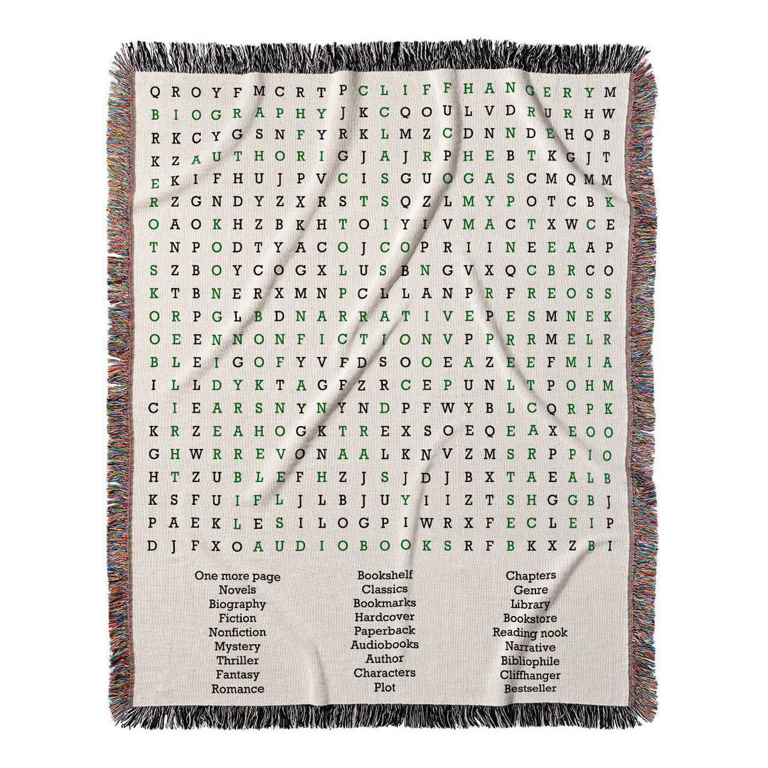 Booklover's Quest Word Search, 50x60 Woven Throw Blanket, Green#color-of-hidden-words_green