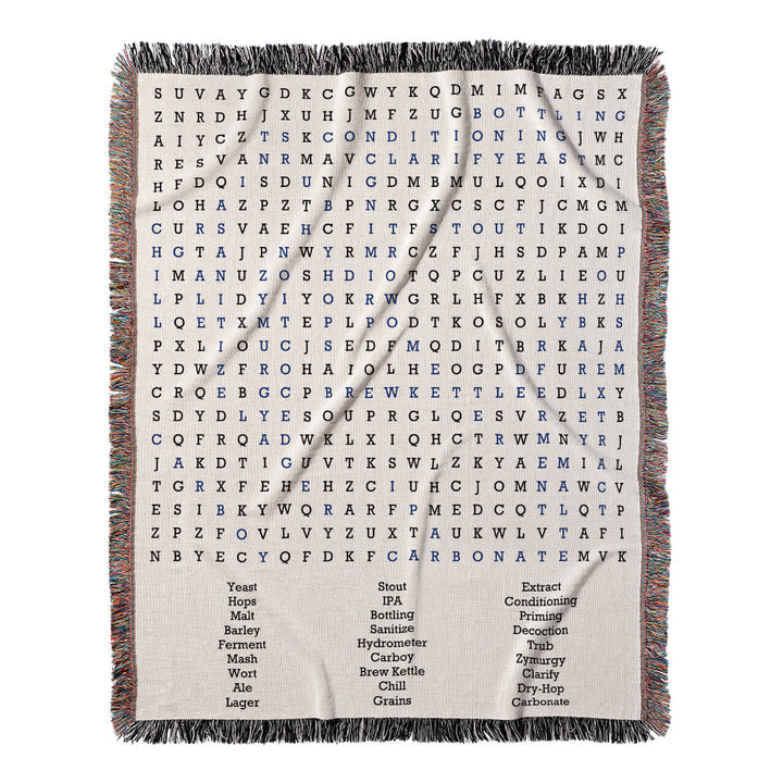 Brewmaster's Blueprint Word Search, 50x60 Woven Throw Blanket, Blue#color-of-hidden-words_blue
