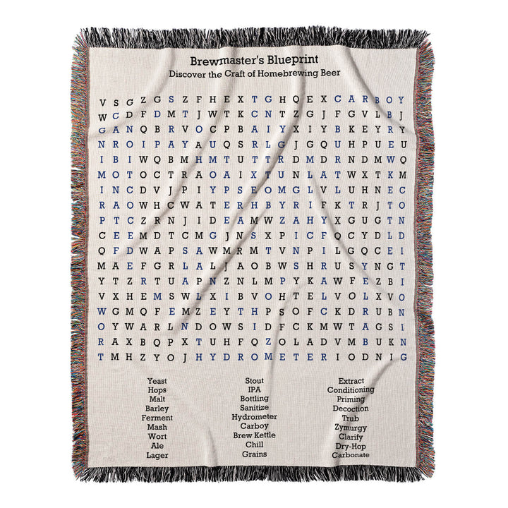 Brewmaster's Blueprint Word Search, 50x60 Woven Throw Blanket, Blue#color-of-hidden-words_blue