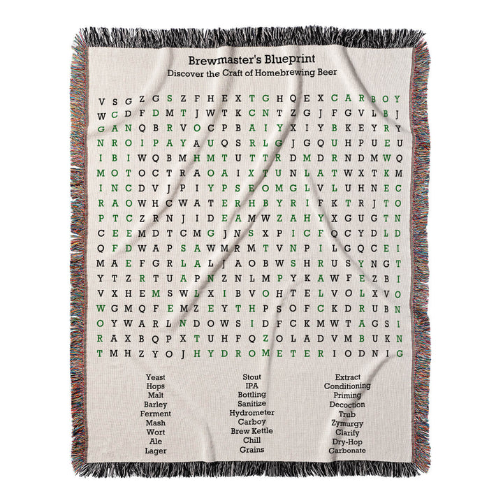 Brewmaster's Blueprint Word Search, 50x60 Woven Throw Blanket, Green#color-of-hidden-words_green