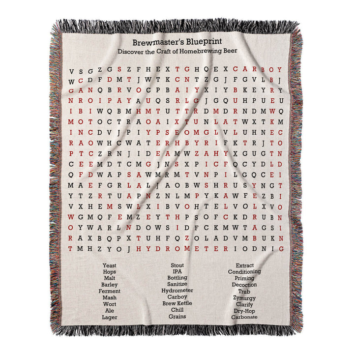 Brewmaster's Blueprint Word Search, 50x60 Woven Throw Blanket, Red#color-of-hidden-words_red