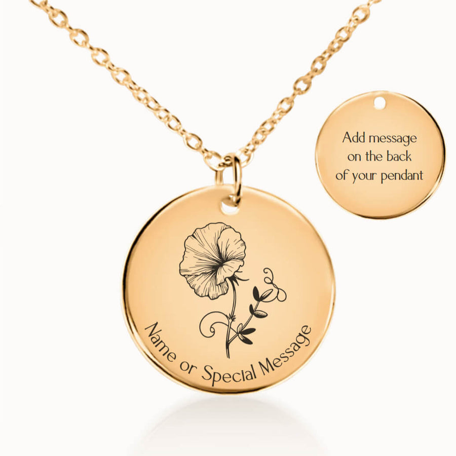 Personalized April Birth Flower Sweet Pea Necklace in Gold, Birthday Gift for Her