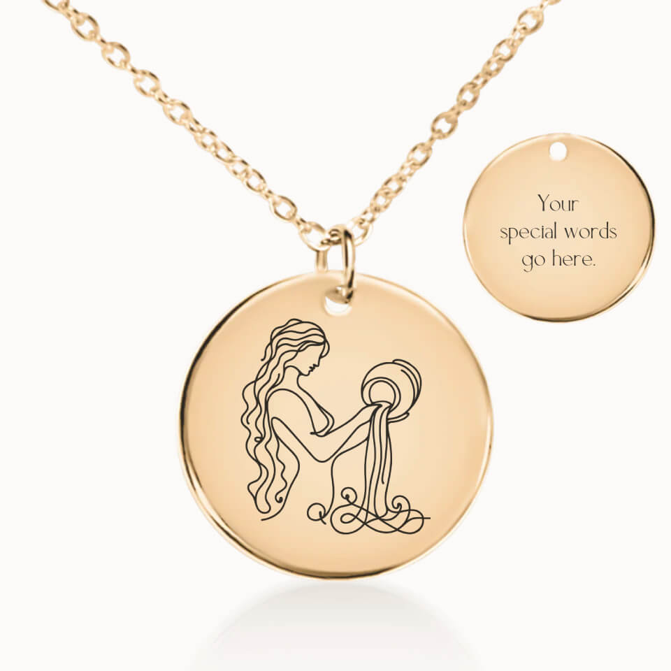 Aquarius Zodiac Pendant Necklace in Gold, Personalized Gift for Her