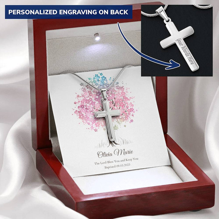 Engraved Cross Necklace - Baptism Gift for Girl - Personalized