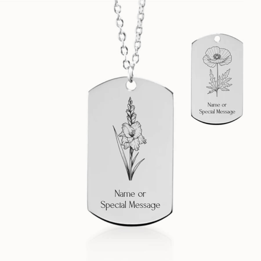 August Birth Month Flower Tag Pendant in Silver, Gladiolus and Poppy Gift