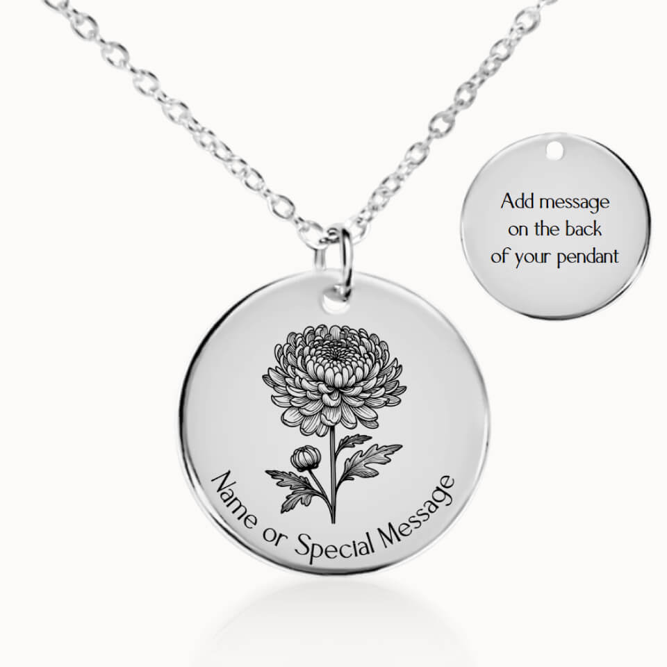 Chrysanthemum Birth Flower Pendant Necklace, Personalized November Birth Month Flower, Gift for Her, Silver