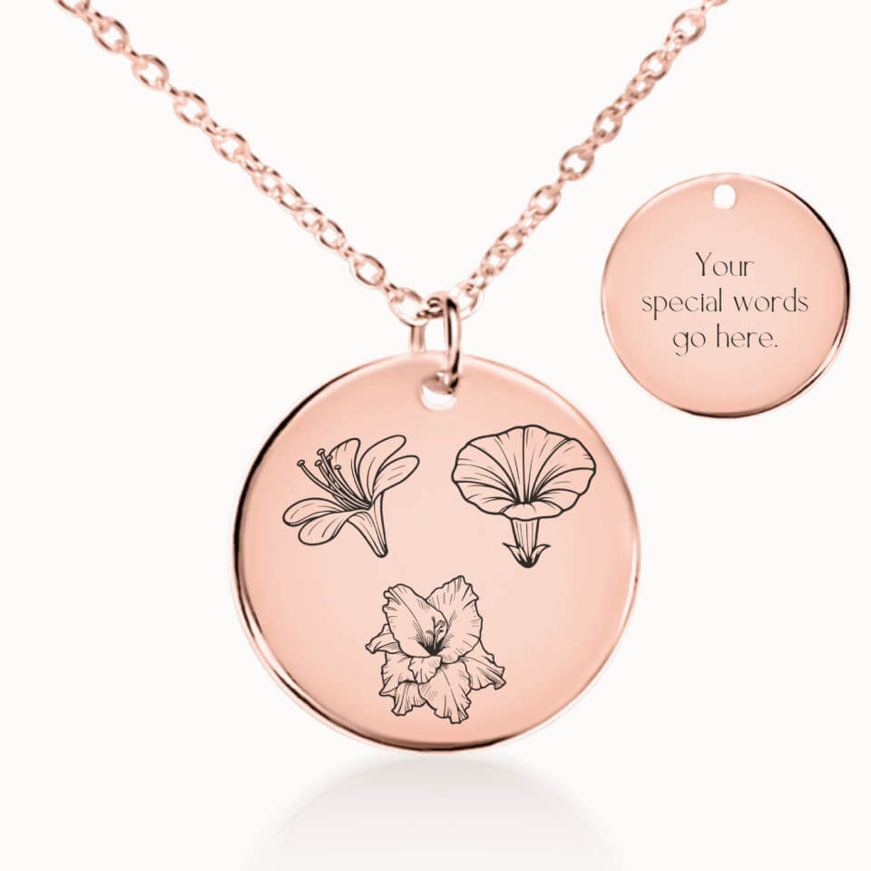 Classic Birth Flower Garden Pendant Necklace in Rose Gold, Personalized Gift for Mom or Grandma, Designed With Meaning