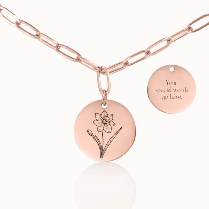 Classic Birth Flower Necklace with Paper Clip Chain in Rose Gold, Personalized Gift, Designed With Meaning