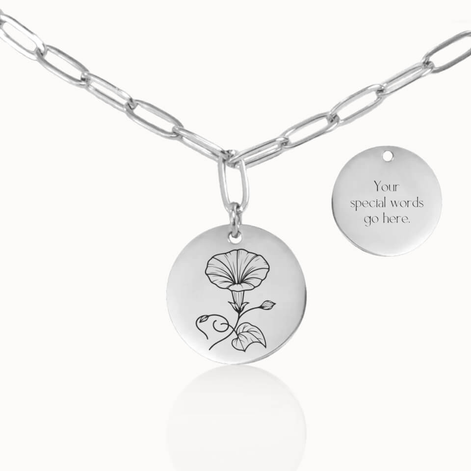 Classic Birth Flower Necklace with Paper Clip Chain in Silver, Personalized Gift, Designed With Meaning