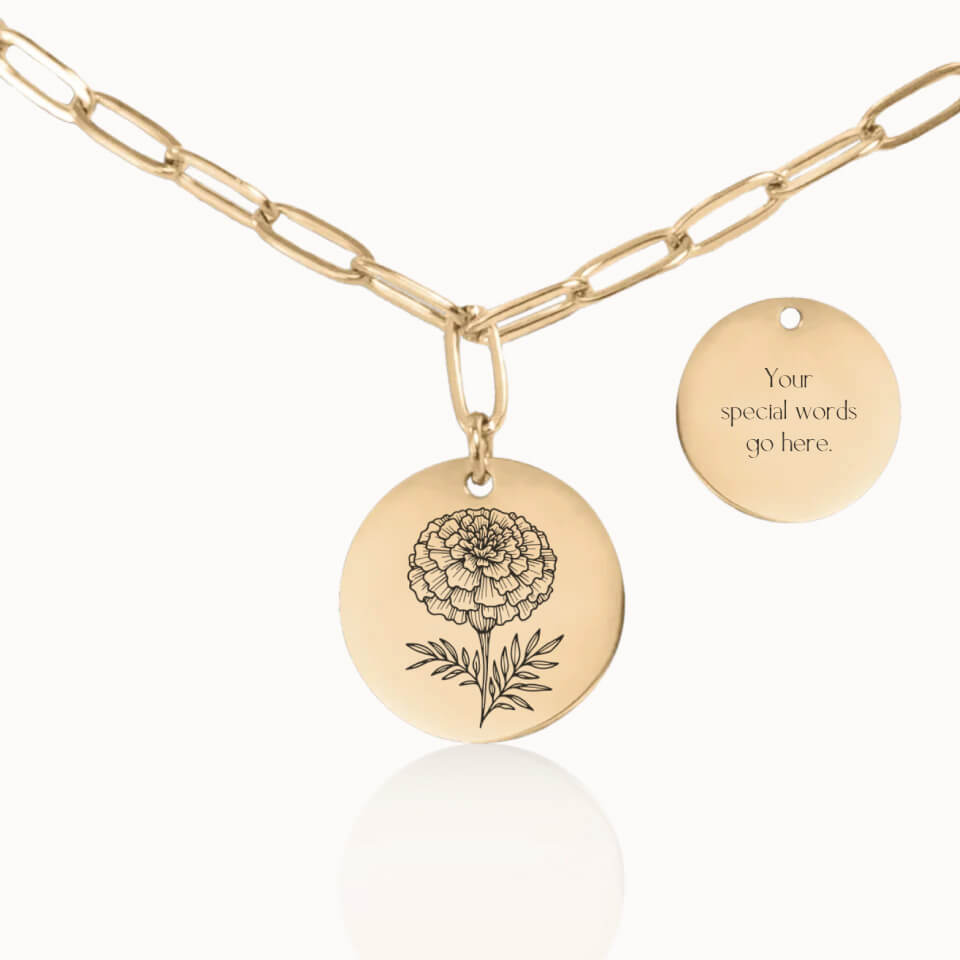 Classic Birth Flower Necklace with Paper Clip Chain in Gold, Personalized Gift, Designed With Meaning