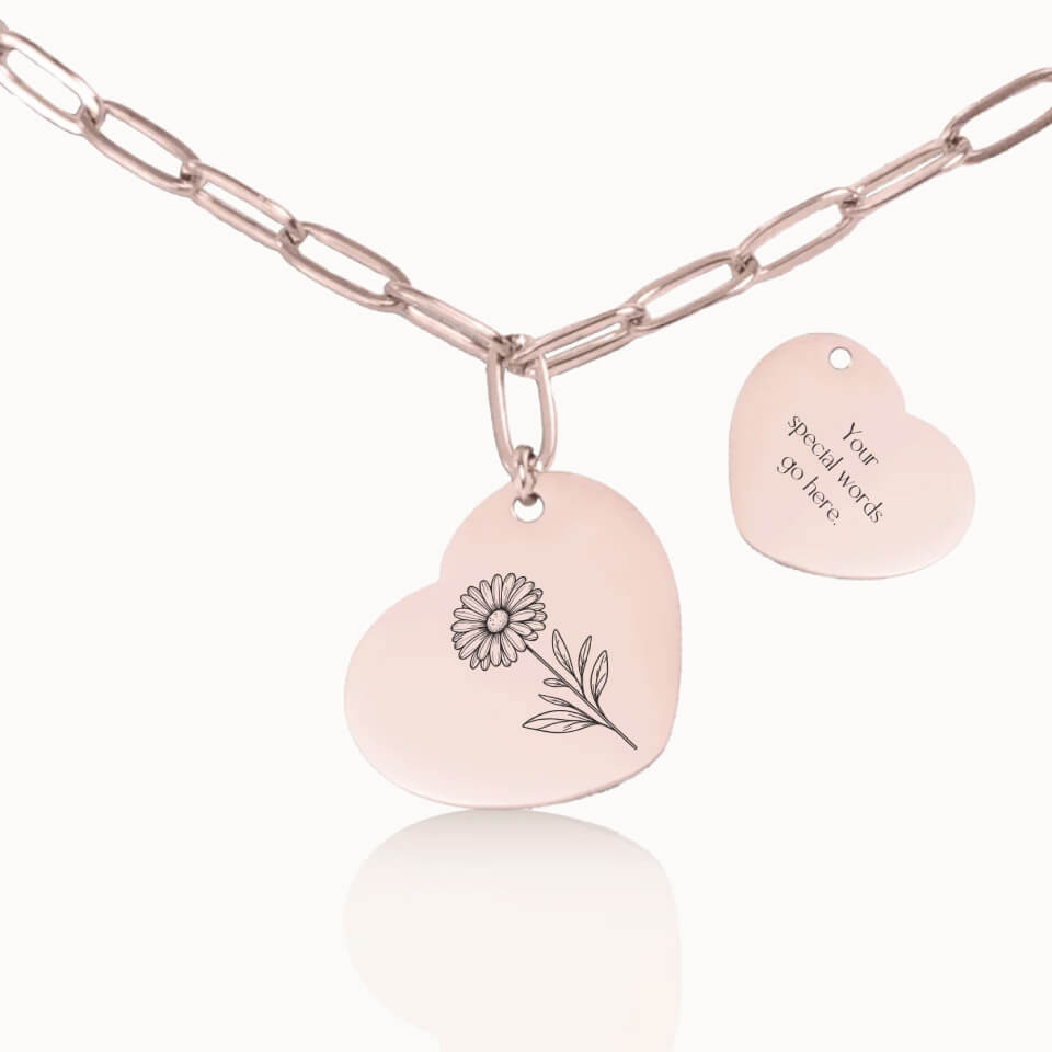 Heart Birth Flower Necklace on Paperclip Chain in Rose Gold, Personalized Gift for Her, Designed With Meaning