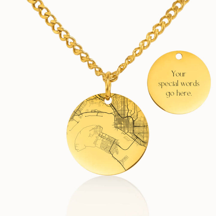 Classic City Street Map Necklace with Cuban Link Chain in Gold, Personalized Gift, Designed With Meaning