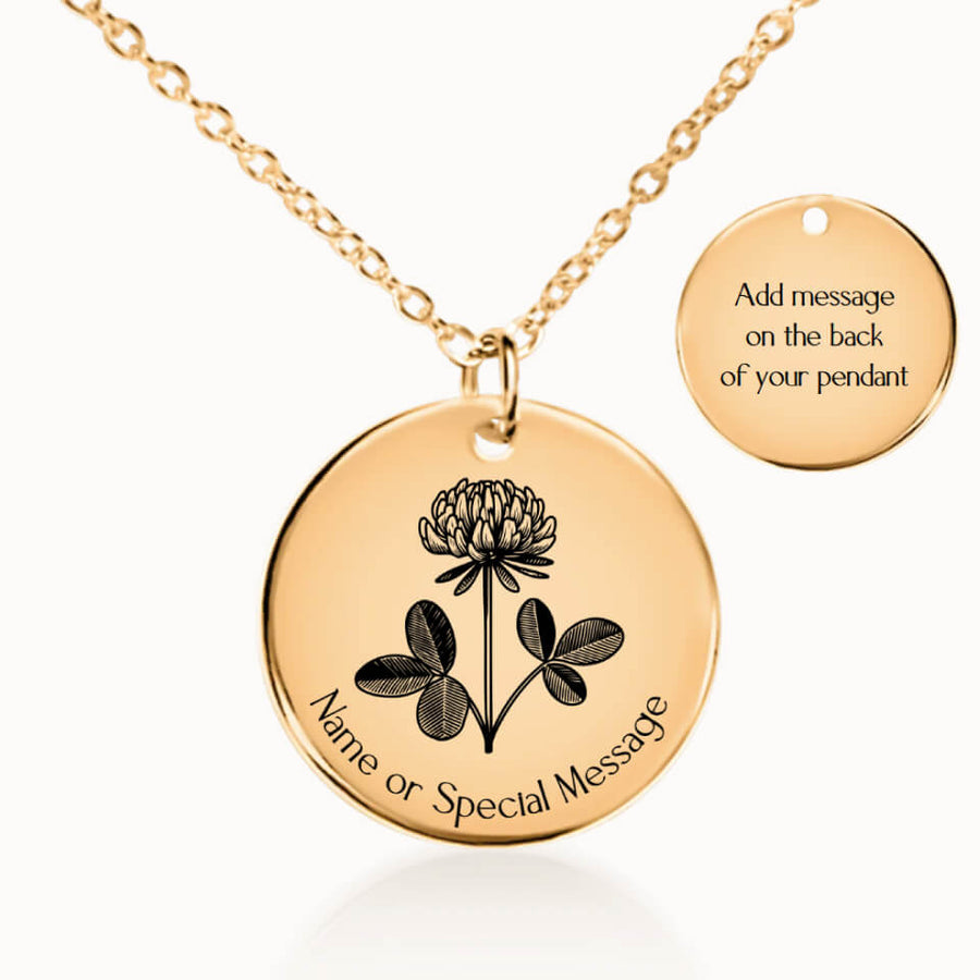 Clover Name Gift, Personalized Flower Pendant Necklace, Gold