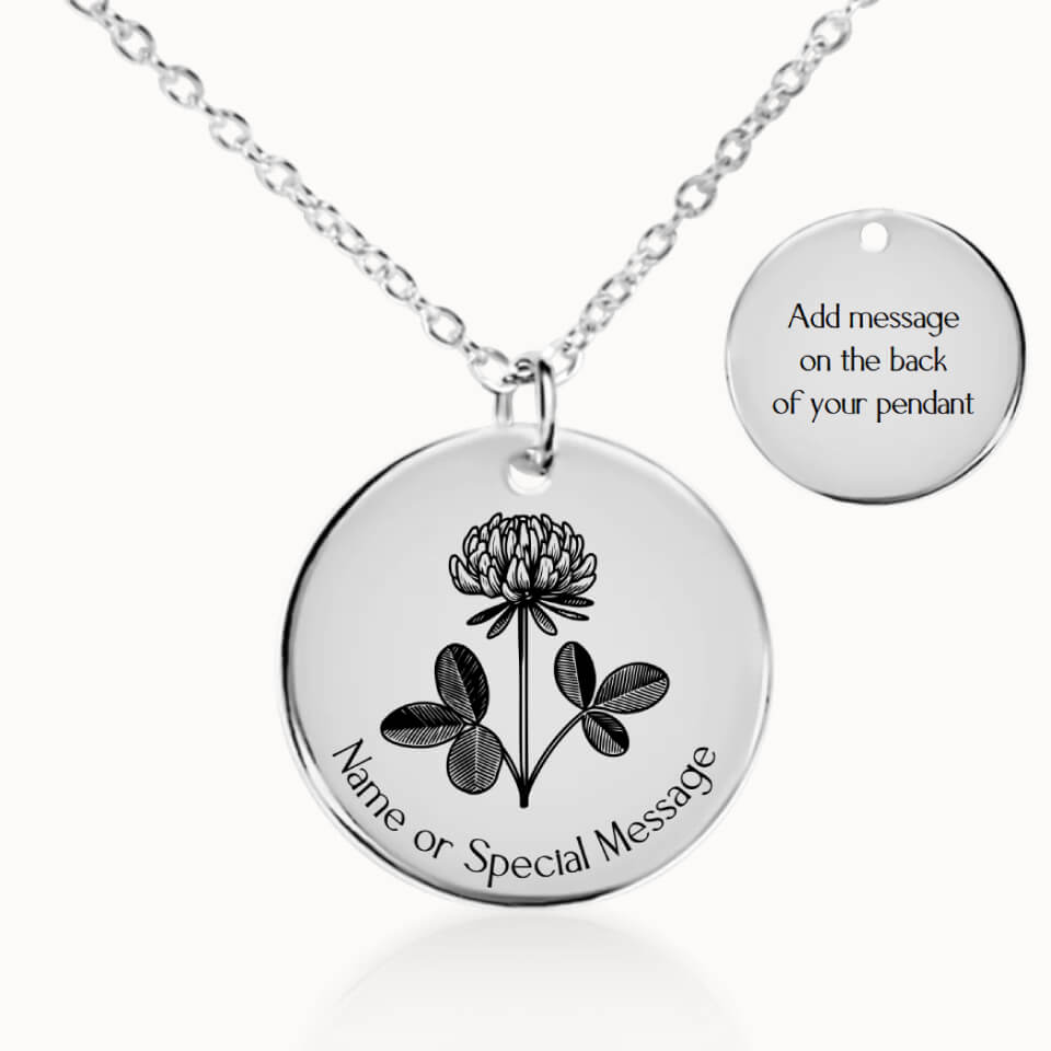 Clover Name Gift, Personalized Flower Pendant Necklace, Silver