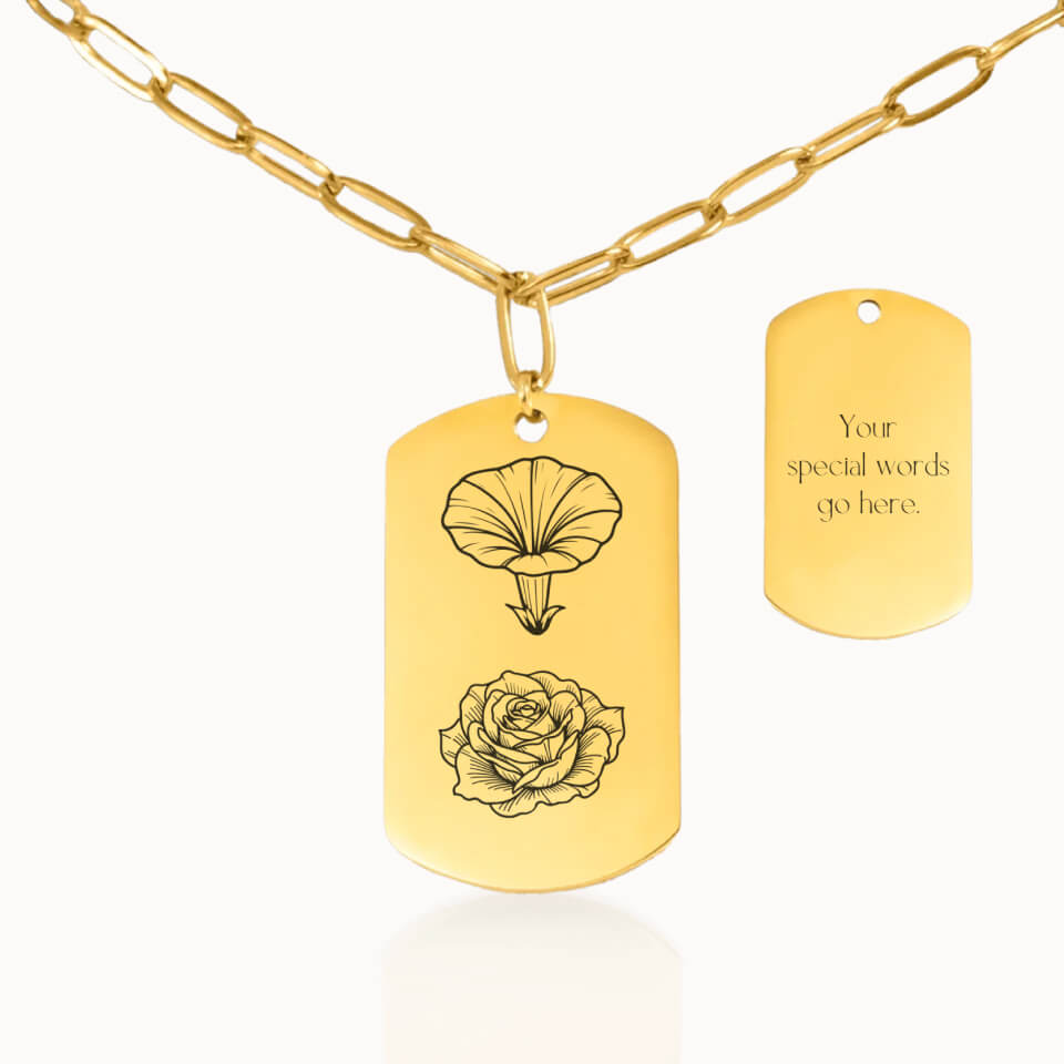 Tag Birth Flower Garden Necklace with Paperclip Chain in Gold, Personalized Gift, Designed With Meaning