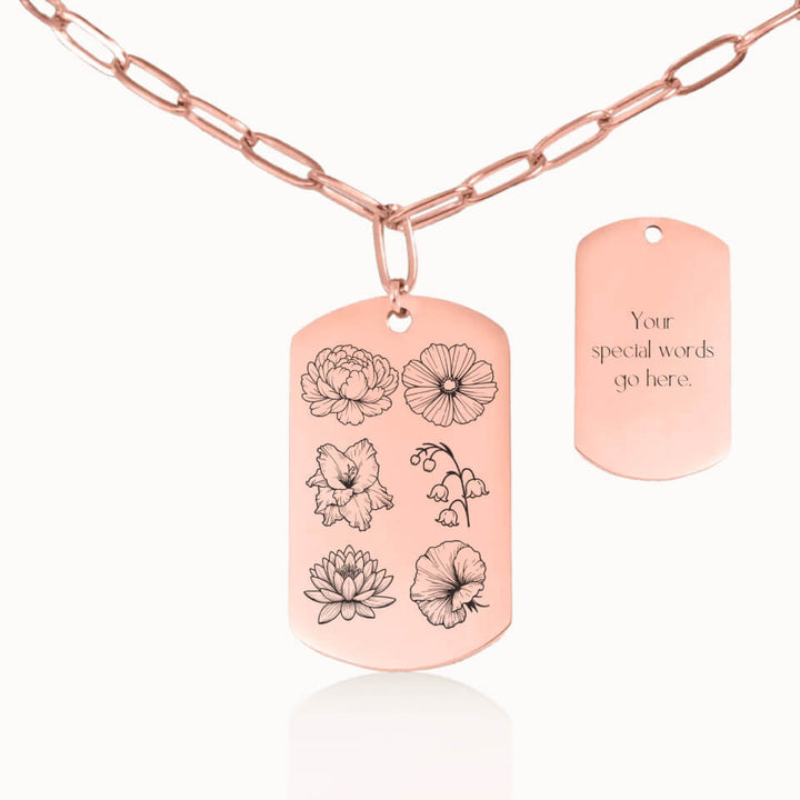 Tag Birth Flower Garden Necklace with Paperclip Chain in Rose Gold, Personalized Gift, Designed With Meaning