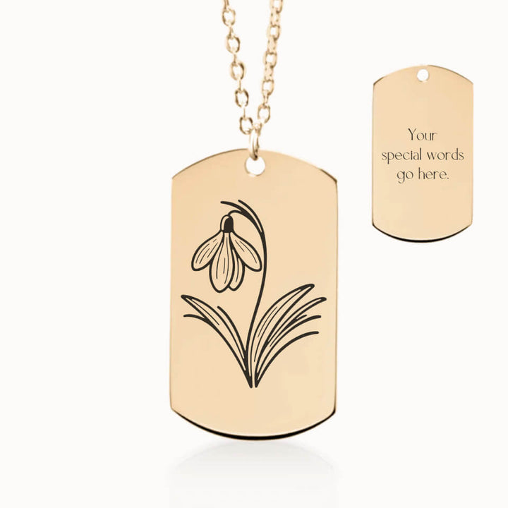 Custom Birth Flower Necklace, Personalized Gift, Tag Pendant in Gold, Designed With Meaning