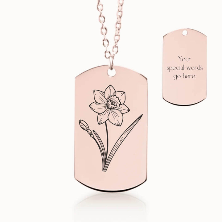 Custom Birth Flower Necklace, Personalized Gift, Tag Pendant in Rose Gold, Designed With Meaning