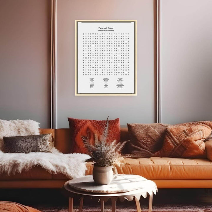 Custom Running Word Search Art Print, Styled#color-finish_light-wood-floater-frame