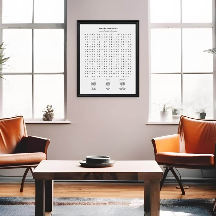 Custom Swimming Word Search Art Print, Styled#color-finish_black-beveled-frame