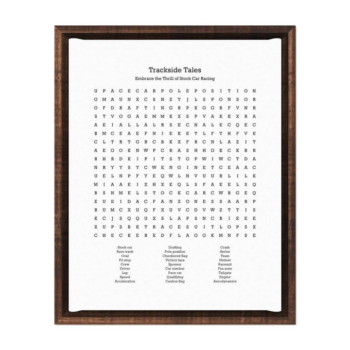 Custom Stock Car Racing Word Search Art Print#color-finish_espresso-floater-frame