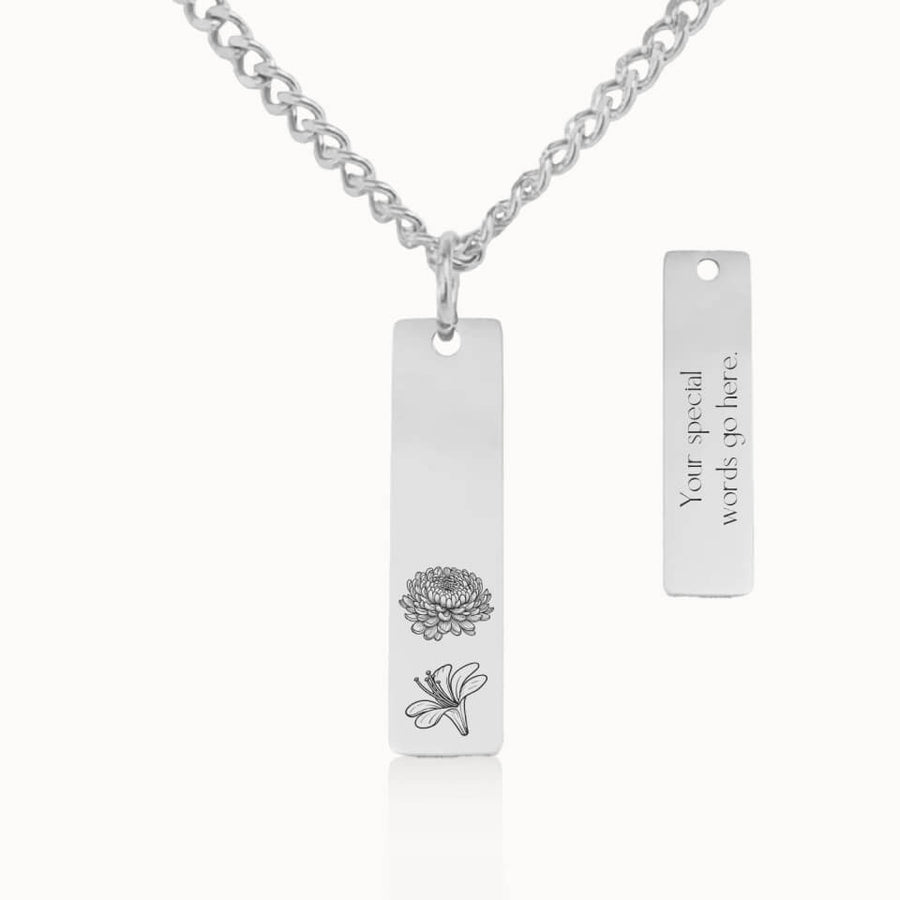 Vertical Birth Flower Garden Necklace with Cuban Link Chain in Silver, Personalized Gift for Mom and Grandma, Designed With Meaning