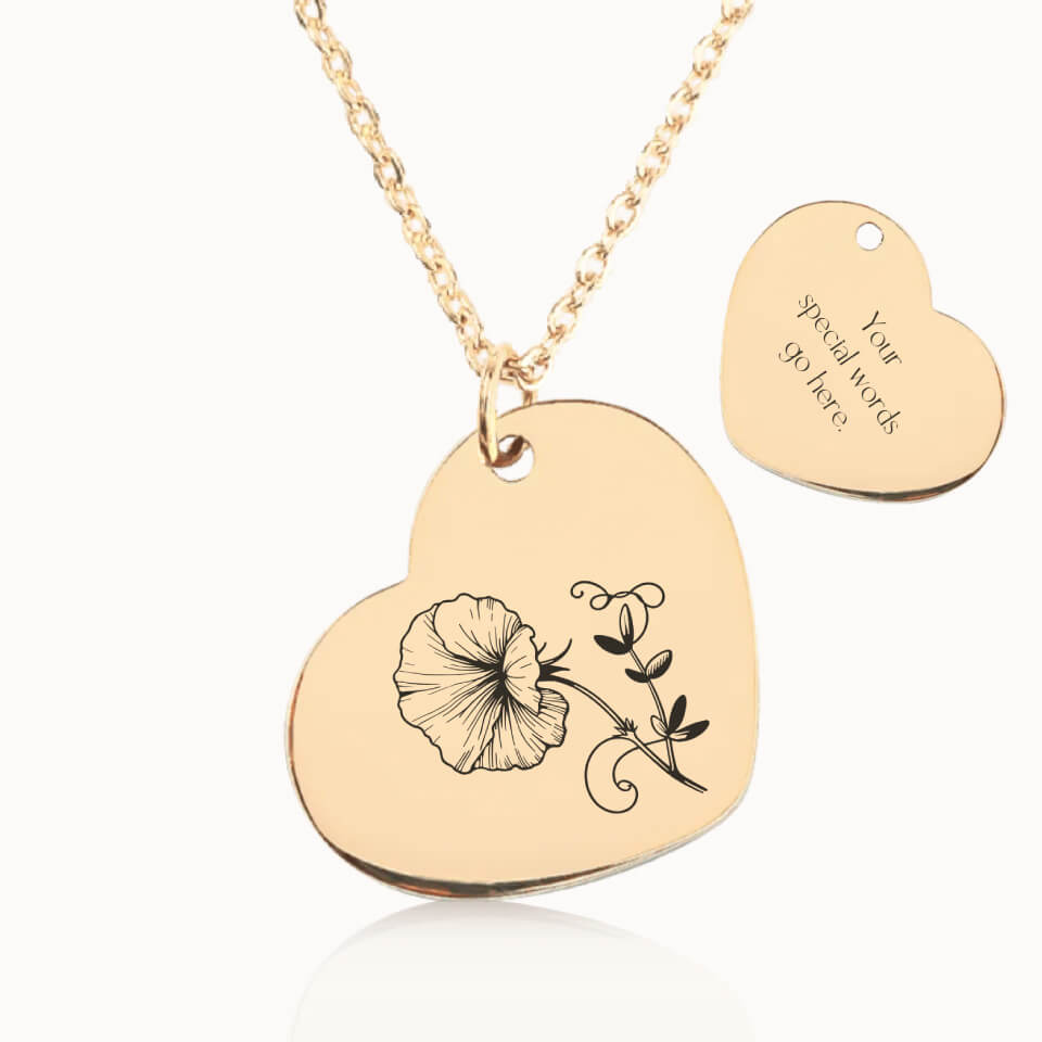 Customized Birth Flower Necklace, Personalized Gift for Her, Gold Heart Pendant