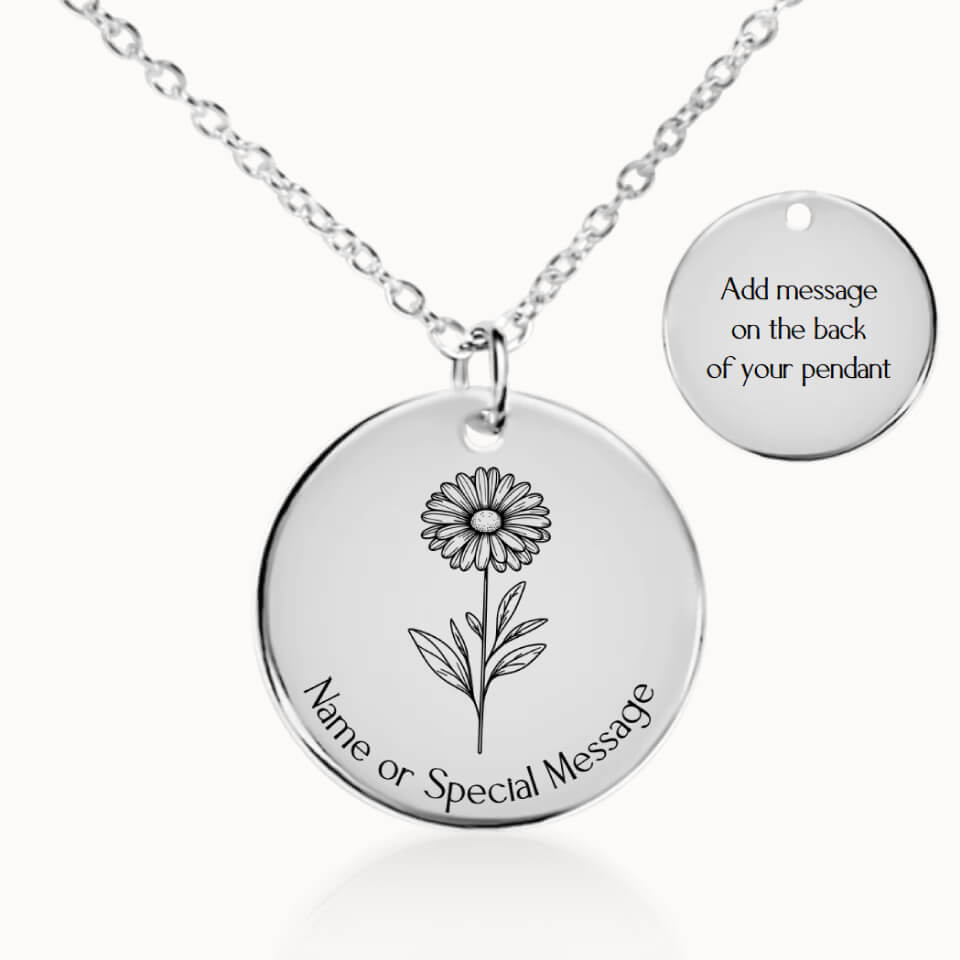 Daisy Birth Flower Pendant Necklace, Personalized April Birth Month Flower, Gift for Her, Silver