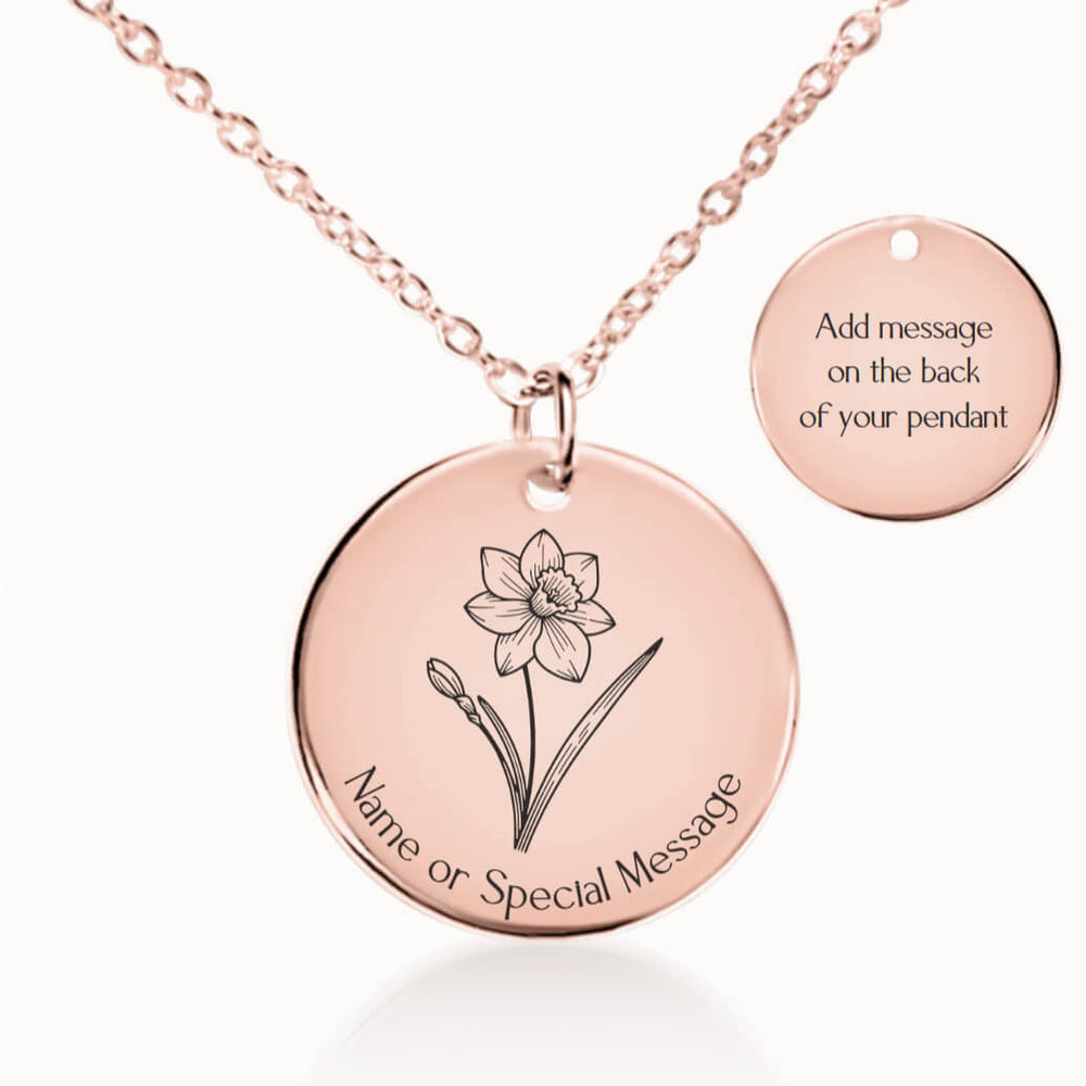 Personalized December Birth Flower Narcissus Necklace in Rose Gold, Birthday Gift for Her