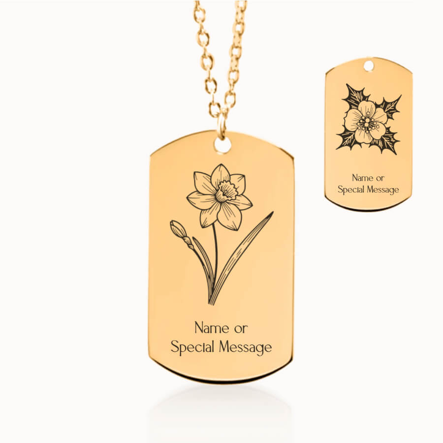 December Birth Month Flower Tag Pendant in Gold, Narcissus and Holly Gift