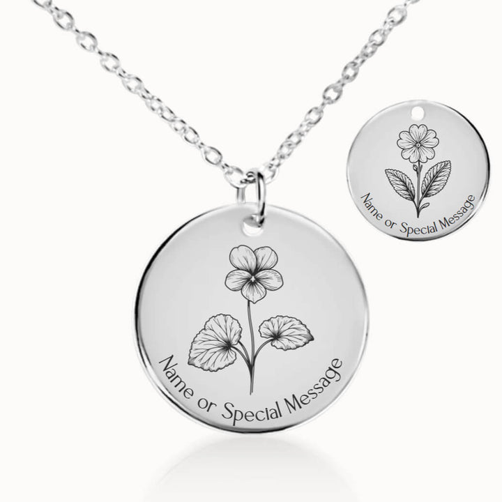 February Birth Flower Necklace, Violet and Primrose Pendant in Silver, Personalized Birthday Gift for Her