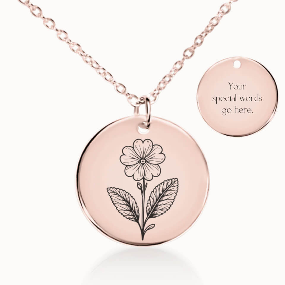 February Birth Flower Pendant Necklace in Rose Gold, Personalized Gift for Her