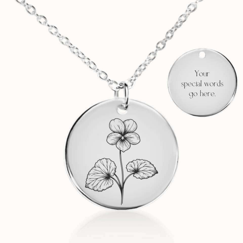 February Birth Flower Pendant Necklace in Silver, Personalized Gift for Her