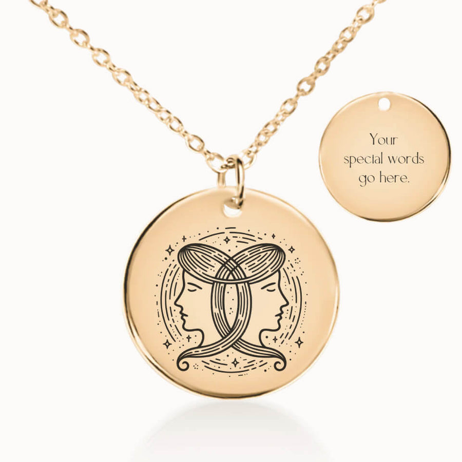 Gemini Zodiac Pendant Necklace in Gold, Personalized Gift for Her