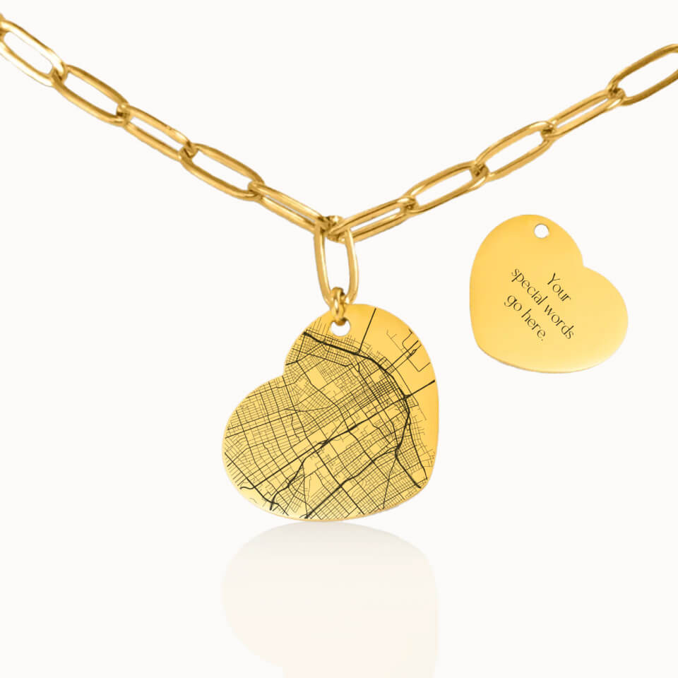 Heart City Street Map Necklace with Paperclip Chain in Gold, Personalized Gift, Designed With Meaning