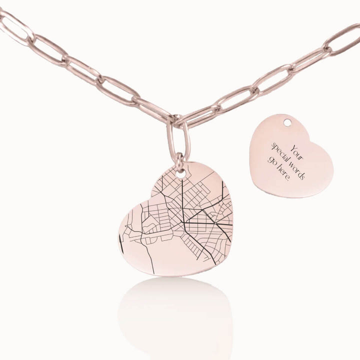 Heart City Street Map Necklace with Paperclip Chain in Rose Gold, Personalized Gift, Designed With Meaning