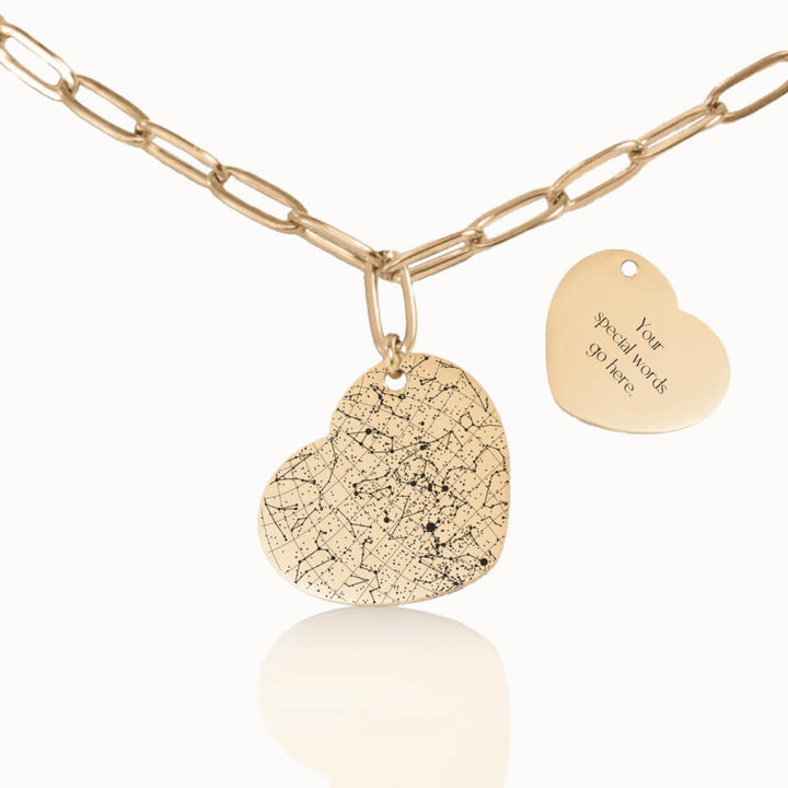 Heart Star Map Necklace with Paperclip Chain in Gold, Personalized Gift, Designed With Meaning