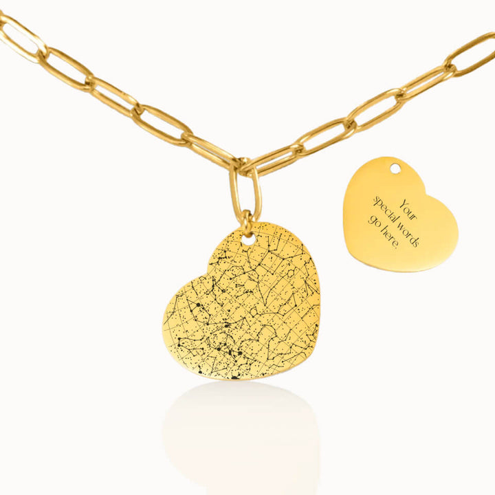 Heart Star Map Necklace with Paperclip Chain in Gold, Personalized Gift, Designed With Meaning