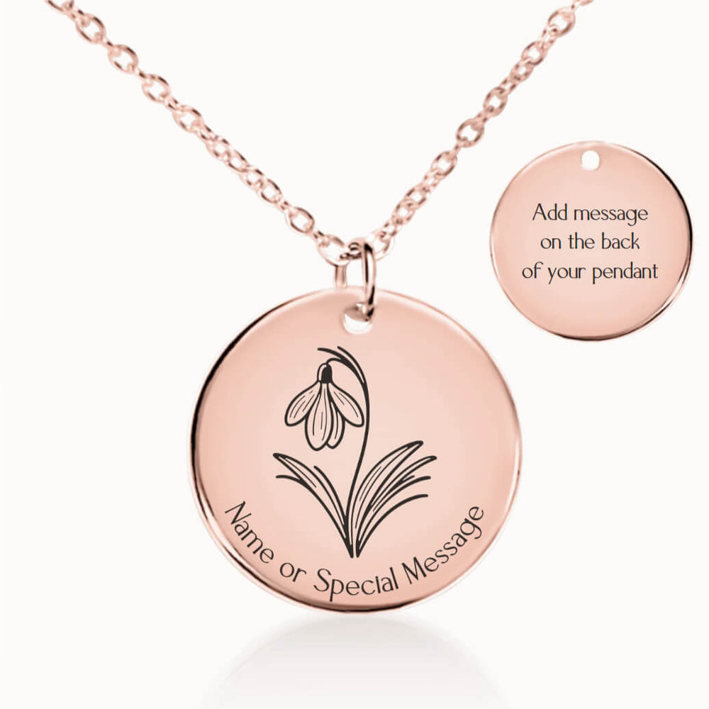 Personalized January Birth Flower Snowdrop Necklace in Rose Gold, Birthday Gift for Her