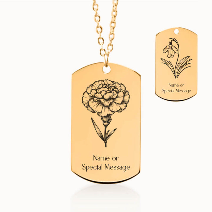 January Birth Month Flower Tag Pendant in Gold, Carnation and Snowdrop Gift