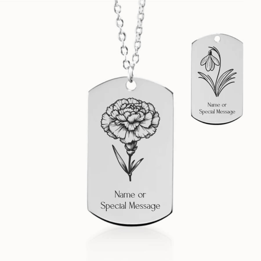 January Birth Month Flower Tag Pendant in Silver, Carnation and Snowdrop Gift