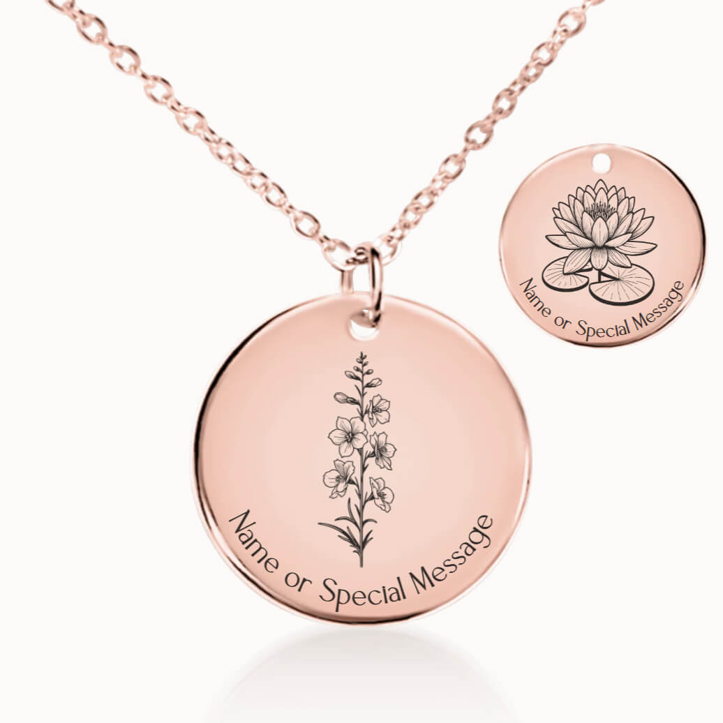 July Birth Flower Necklace, Larkspur and Water Lily Pendant in Rose Gold, Personalized Birthday Gift for Her