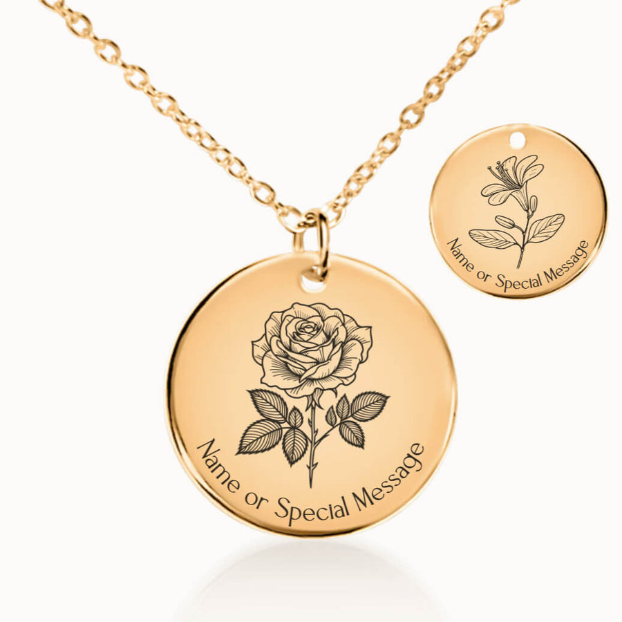 June Birth Flower Necklace, Rose and Honeysuckle Pendant in Gold, Personalized Birthday Gift for Her