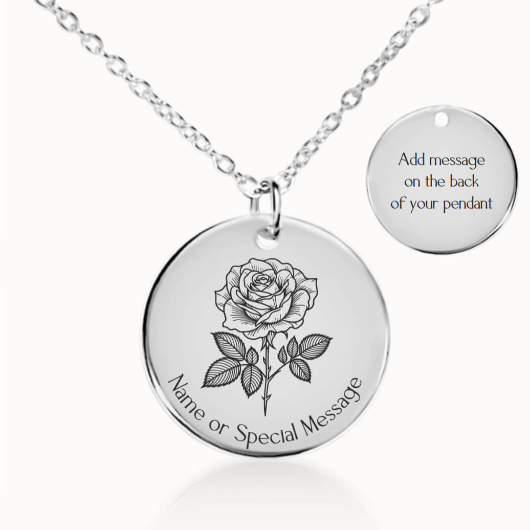 Personalized June Birth Flower Rose Necklace in Silver, Birthday Gift for Her