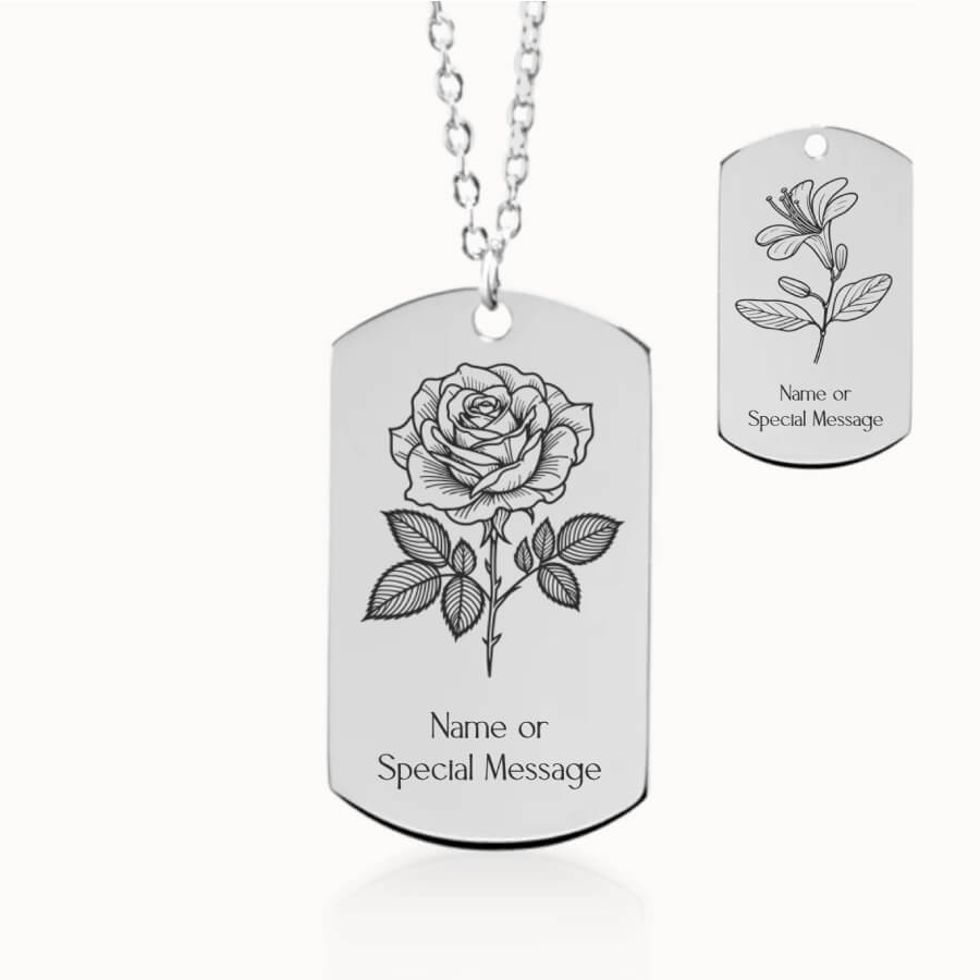 June Birth Month Flower Tag Pendant in Silver, Rose and Honeysuckle Gift